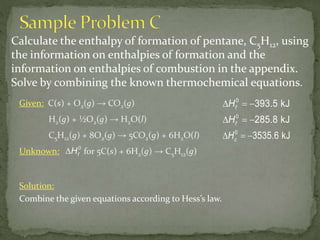 Calculate the enthalpy of formation of pentane, C5H12, using
the information on enthalpies of formation and the
information on enthalpies of combustion in the appendix.
Solve by combining the known thermochemical equations.
0
393.5 kJfH  
0
3535.6 kJcH  
0
285.8 kJfH  
Given: C(s) + O2(g) → CO2(g)
Unknown: for 5C(s) + 6H2(g) → C5H12(g)
Solution:
Combine the given equations according to Hess’s law.
H2(g) + ½O2(g) → H2O(l)
C5H12(g) + 8O2(g) → 5CO2(g) + 6H2O(l)
0
fH
 