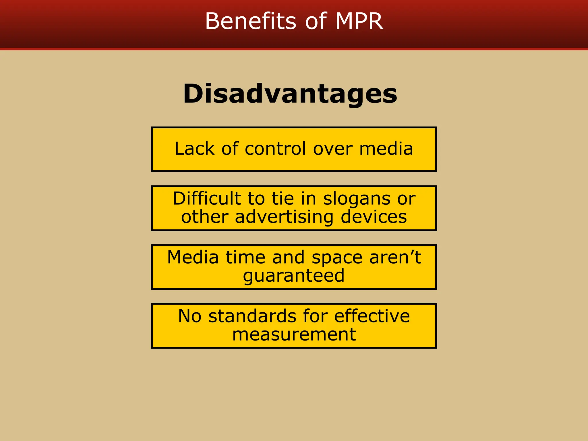 Benefits of MPR
Difficult to tie in slogans or
other advertising devices
No standards for effective
measurement
Lack of control over media
Media time and space aren’t
guaranteed
Disadvantages
 