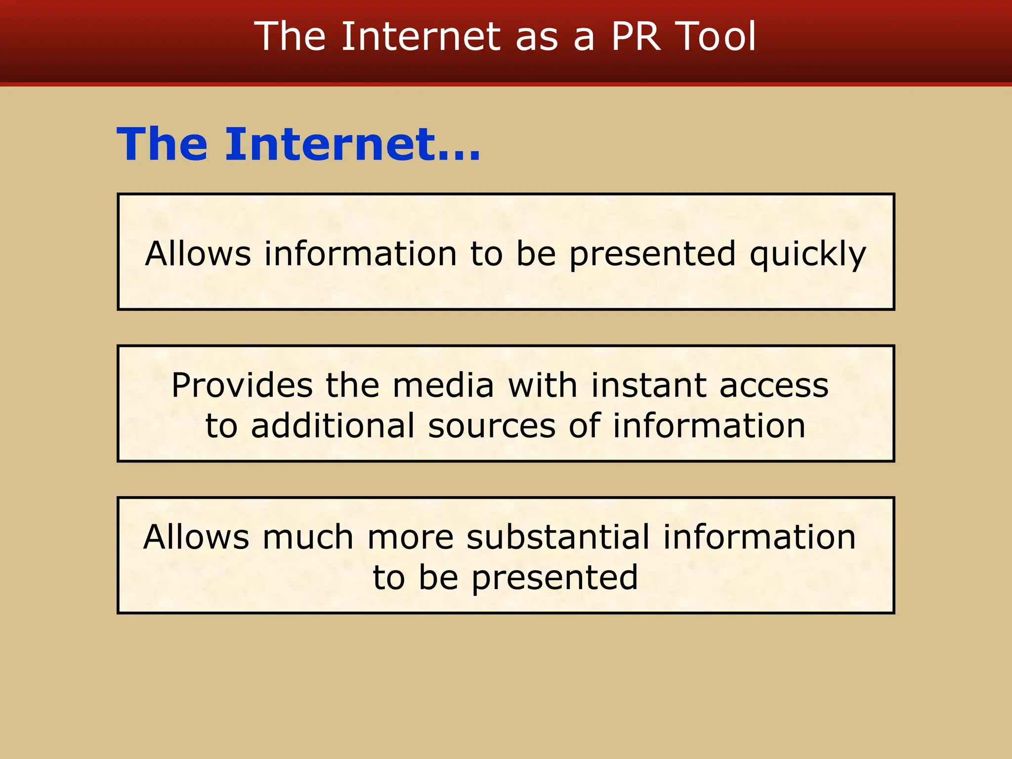 The Internet as a PR Tool
Allows much more substantial information
to be presented
Provides the media with instant access
to additional sources of information
Allows information to be presented quickly
The Internet…
 