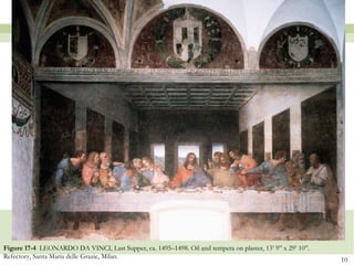 Figure 17-4  LEONARDO DA VINCI, Last Supper, ca. 1495–1498. Oil and tempera on plaster, 13’ 9” x 29’ 10”. Refectory, Santa Maria delle Grazie, Milan.  