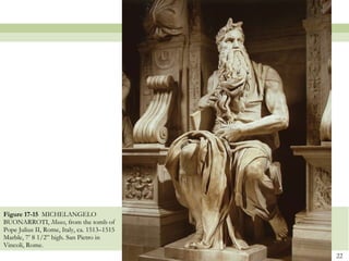 Figure 17-15  MICHELANGELO BUONARROTI,  Moses , from the tomb of Pope Julius II, Rome, Italy, ca. 1513–1515 Marble, 7’ 8 1/2” high. San Pietro in Vincoli, Rome. 
