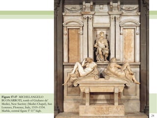 Figure 17-17  MICHELANGELO BUONARROTI, tomb of Giuliano de’ Medici, New Sacristy (Medici Chapel), San Lorenzo, Florence, Italy, 1519–1534. Marble, central figure 5’ 11” high.  