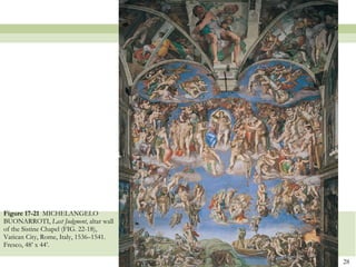 Figure 17-21  MICHELANGELO BUONARROTI,  Last Judgment , altar wall of the Sistine Chapel (FIG. 22-18), Vatican City, Rome, Italy, 1536–1541. Fresco, 48’ x 44’. 