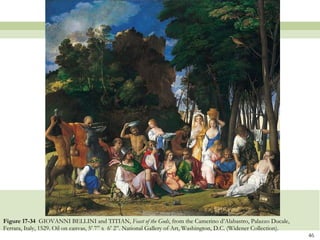 Figure 17-34  GIOVANNI BELLINI and TITIAN,  Feast of the Gods , from the Camerino d’Alabastro, Palazzo Ducale, Ferrara, Italy, 1529. Oil on canvas, 5’ 7” x  6’ 2”. National Gallery of Art, Washington, D.C. (Widener Collection).  