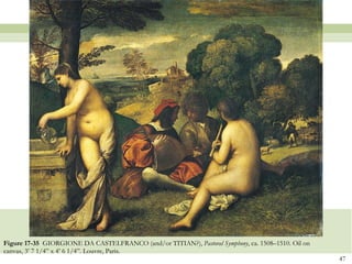 Figure 17-35  GIORGIONE DA CASTELFRANCO (and/or TITIAN?),  Pastoral Symphony , ca. 1508–1510. Oil on canvas, 3’ 7 1/4” x 4’ 6 1/4”. Louvre, Paris.  