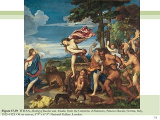 Figure 17-39  TITIAN,  Meeting of Bacchus and Ariadne,  from the Camerino d’Alabastro, Palazzo Ducale, Ferrara, Italy, 1522–1523. Oil on canvas, 5’ 9” x 6’ 3”. National Gallery, London.  