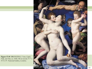 Figure 17-44  BRONZINO,  Venus, Cupid, Folly, and Time,  ca. 1546. Oil on wood, 5’ 1” x 4’ 8 1/4”. National Gallery, London.  