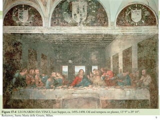 Figure 17-4  LEONARDO DA VINCI, Last Supper, ca. 1495–1498. Oil and tempera on plaster, 13’ 9” x 29’ 10”. Refectory, Santa Maria delle Grazie, Milan.  