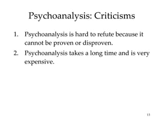 Psychoanalysis: Criticisms Psychoanalysis is hard to refute because it cannot be proven or disproven. Psychoanalysis takes a long time and is very expensive. 