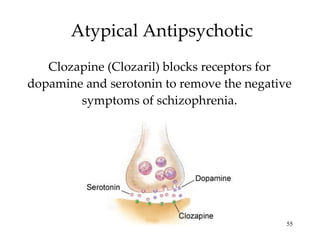 Atypical Antipsychotic Clozapine (Clozaril) blocks receptors for dopamine and serotonin to remove the negative symptoms of schizophrenia. 