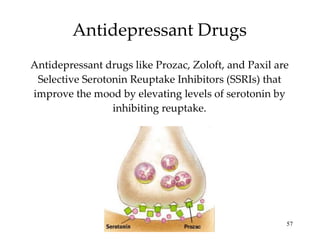 Antidepressant Drugs Antidepressant drugs like Prozac, Zoloft, and Paxil are Selective Serotonin Reuptake Inhibitors (SSRIs) that improve the mood by elevating levels of serotonin by inhibiting reuptake. 