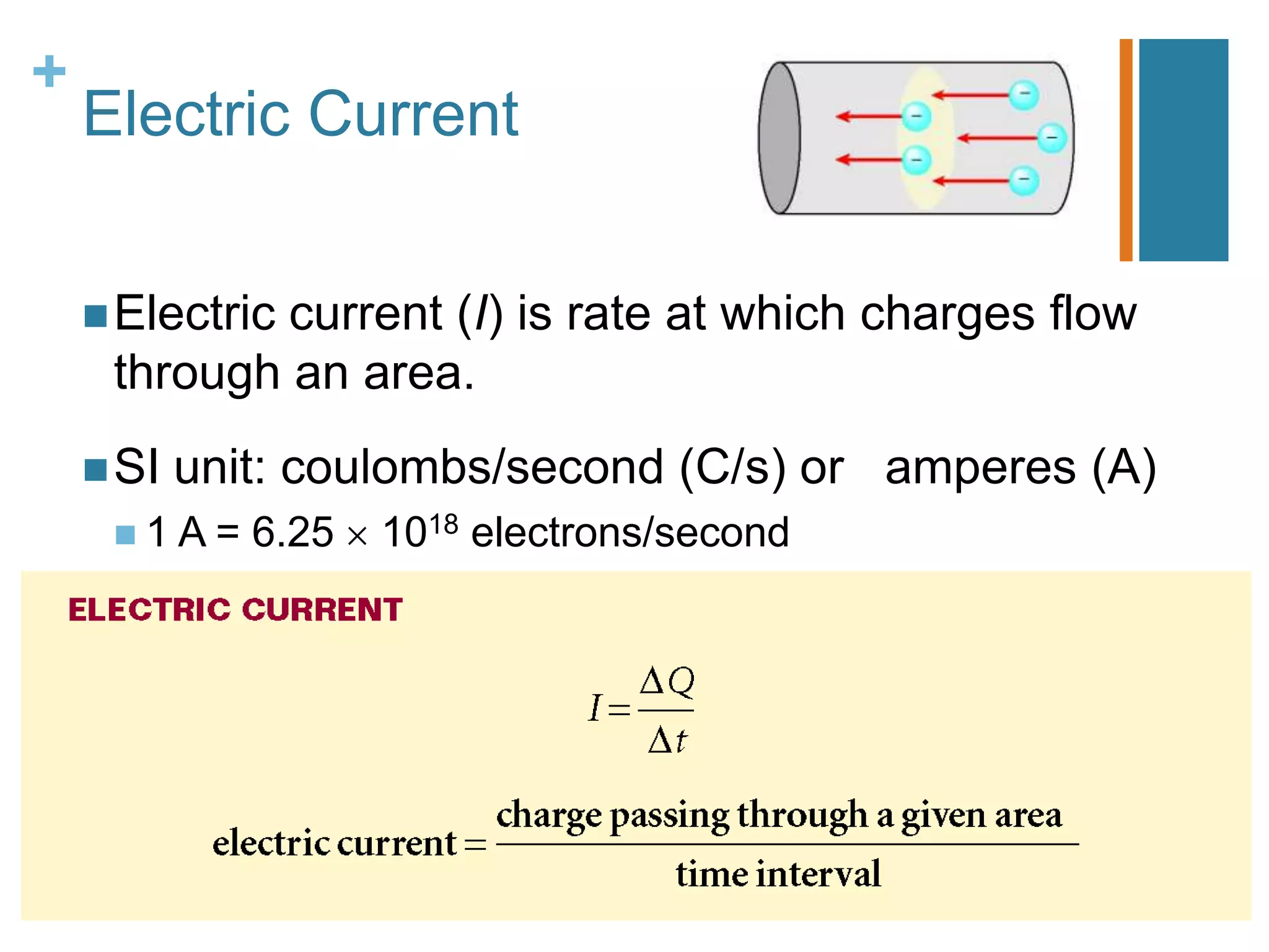 +
    Electric Current


     Electric
             current (I) is rate at which charges flow
     through an area.
     SI   unit: coulombs/second (C/s) or amperes (A)
     1A=     6.25   1018 electrons/second
 
