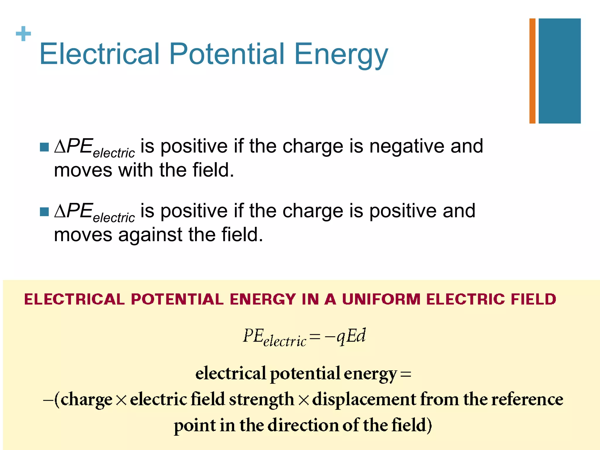 +
    Electrical Potential Energy

        PEelectric is positive if the charge is negative and
        moves with the field.

        PEelectric is positive if the charge is positive and
        moves against the field.
 
