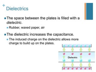 +
    Dielectrics
 The    space between the plates is filled with a
    dielectric.
     Rubber,   waxed paper, air

 The   dielectric increases the capacitance.
     Theinduced charge on the dielectric allows more
     charge to build up on the plates.
 