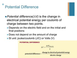 +
    Potential Difference

     Potential difference( V) is the change in
     electrical potential energy per coulomb of
     charge between two points.
      Depends    on the electric field and on the initial and
       final positions
      Does not depend on the amount of charge
      SI unit: joules/coulomb (J/C) or Volts (V)
 