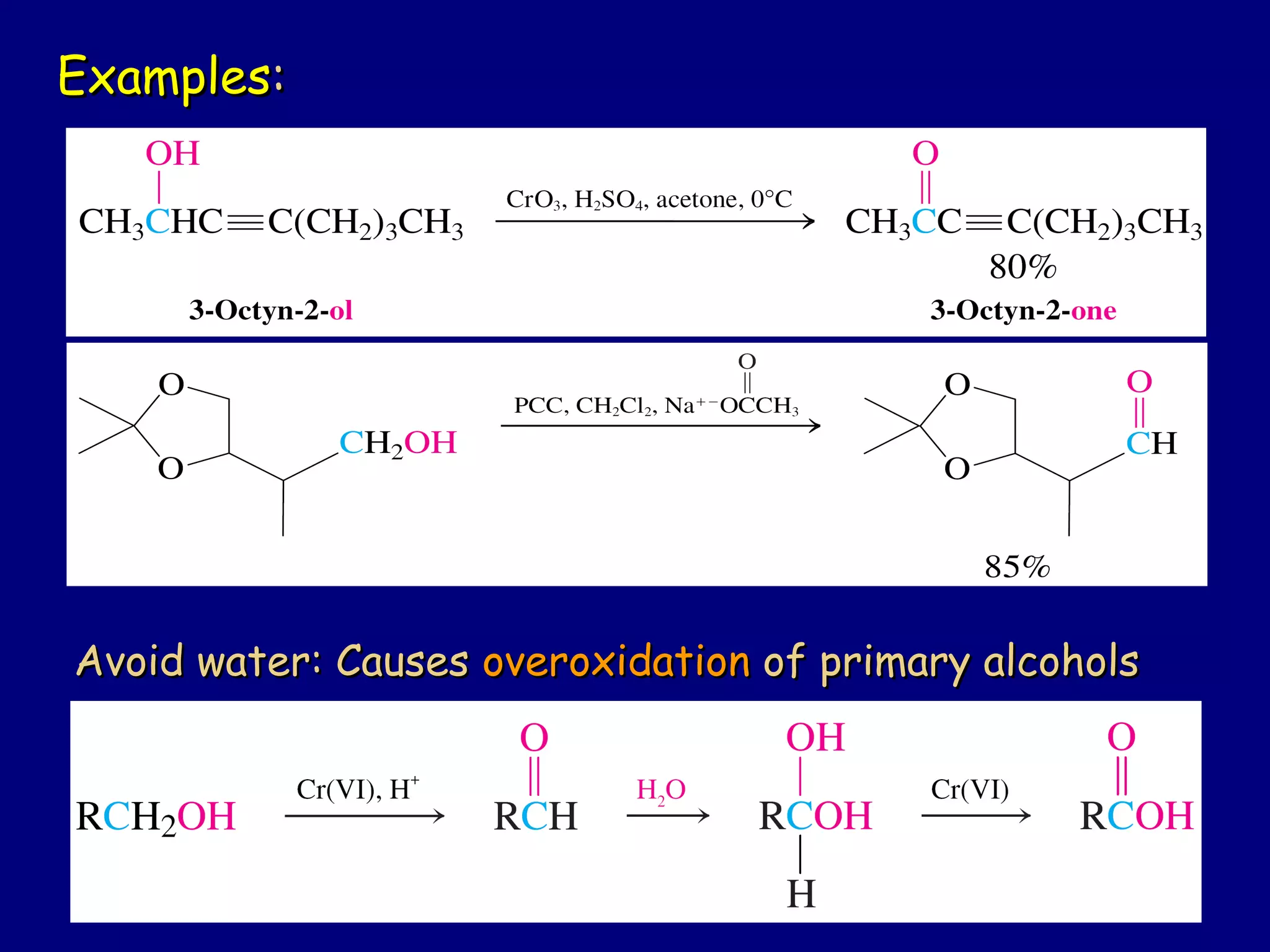 Avoid water: CausesAvoid water: Causes overoxidationoveroxidation of primary alcoholsof primary alcohols
ExamplesExamples::
 