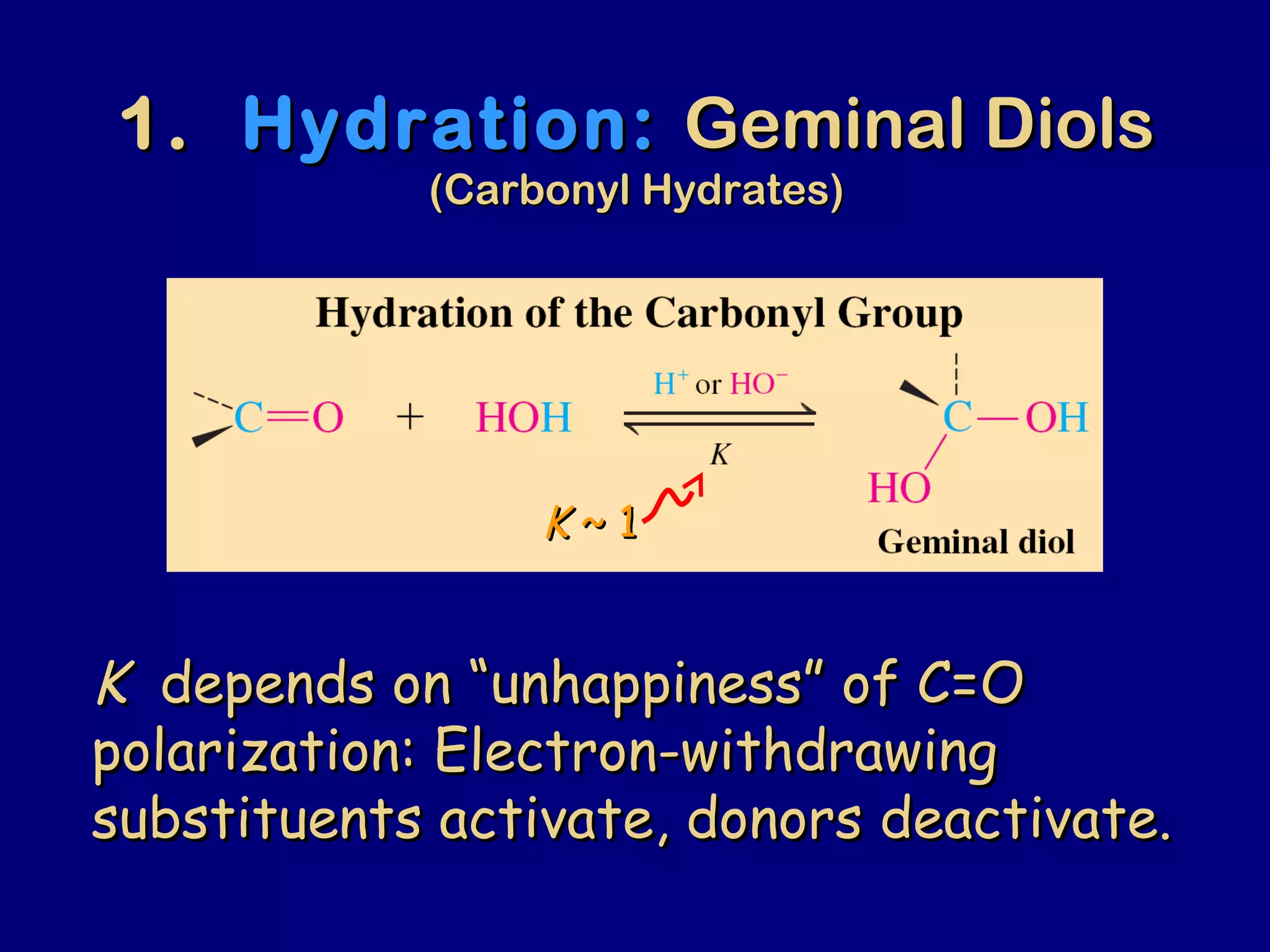 1.1. Hydration:Hydration: Geminal DiolsGeminal Diols
(Carbonyl Hydrates)(Carbonyl Hydrates)
KK ~ 1~ 1
KK depends on “unhappiness” of C=Odepends on “unhappiness” of C=O
polarization: Electron-withdrawingpolarization: Electron-withdrawing
substituents activate, donors deactivate.substituents activate, donors deactivate.
 