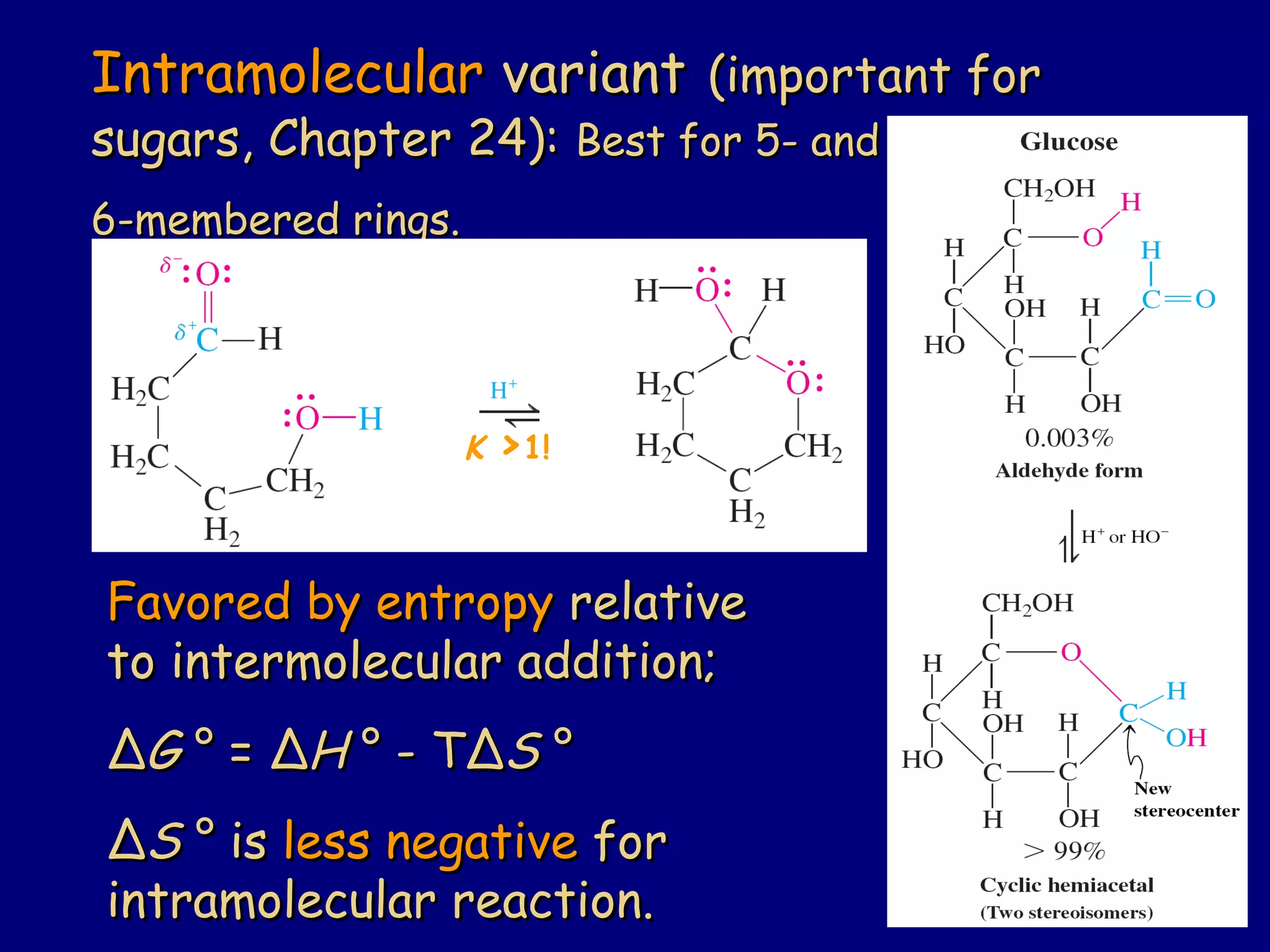 IntramolecularIntramolecular variantvariant (important for(important for
sugars, Chapter 24):sugars, Chapter 24): Best for 5- andBest for 5- and
6-membered rings.6-membered rings.
Favored by entropyFavored by entropy relativerelative
to intermolecular addition;to intermolecular addition;
ΔΔGG ° =° = ΔΔHH ° - T° - TΔΔSS °°
ΔΔSS ° is° is less negativeless negative forfor
intramolecular reaction.intramolecular reaction.
K >1!
 