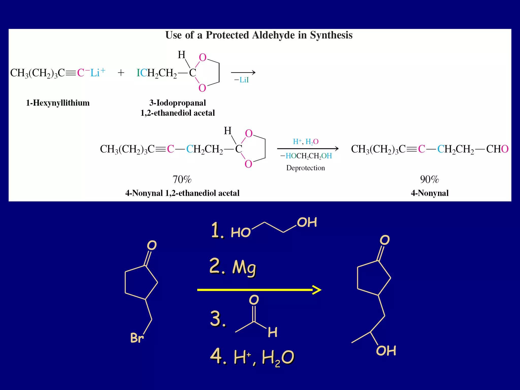 O
OH
O
Br
1.1. HO
OH
2.2. MgMg
3.3.
4.4. HH++
, H, H22OO
O
H
 