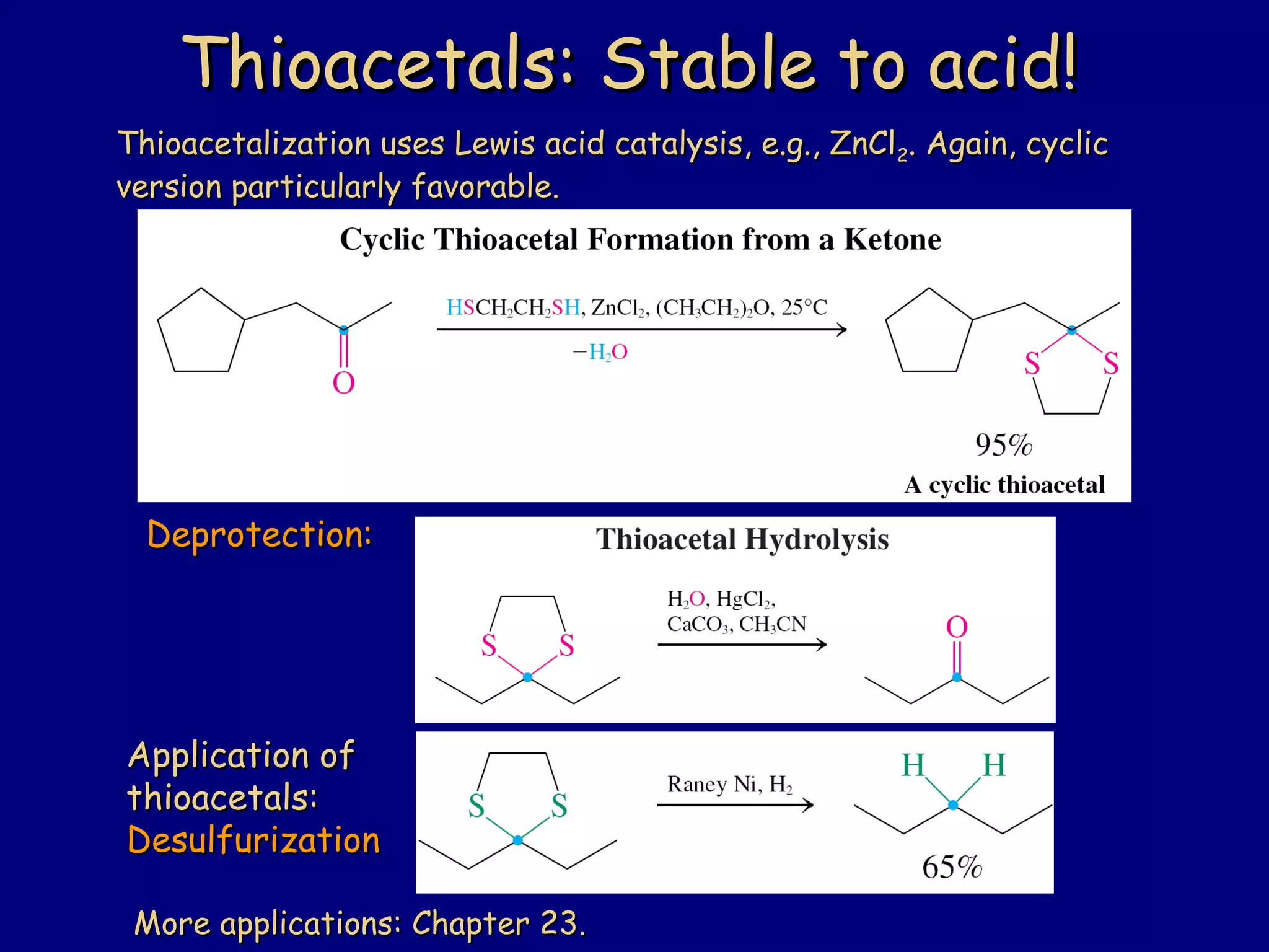 Thioacetals: Stable to acid!Thioacetals: Stable to acid!
Application ofApplication of
thioacetals:thioacetals:
DesulfurizationDesulfurization
Deprotection:Deprotection:
Thioacetalization uses Lewis acid catalysis, e.g., ZnClThioacetalization uses Lewis acid catalysis, e.g., ZnCl22. Again, cyclic. Again, cyclic
version particularly favorable.version particularly favorable.
More applications: Chapter 23.More applications: Chapter 23.
 