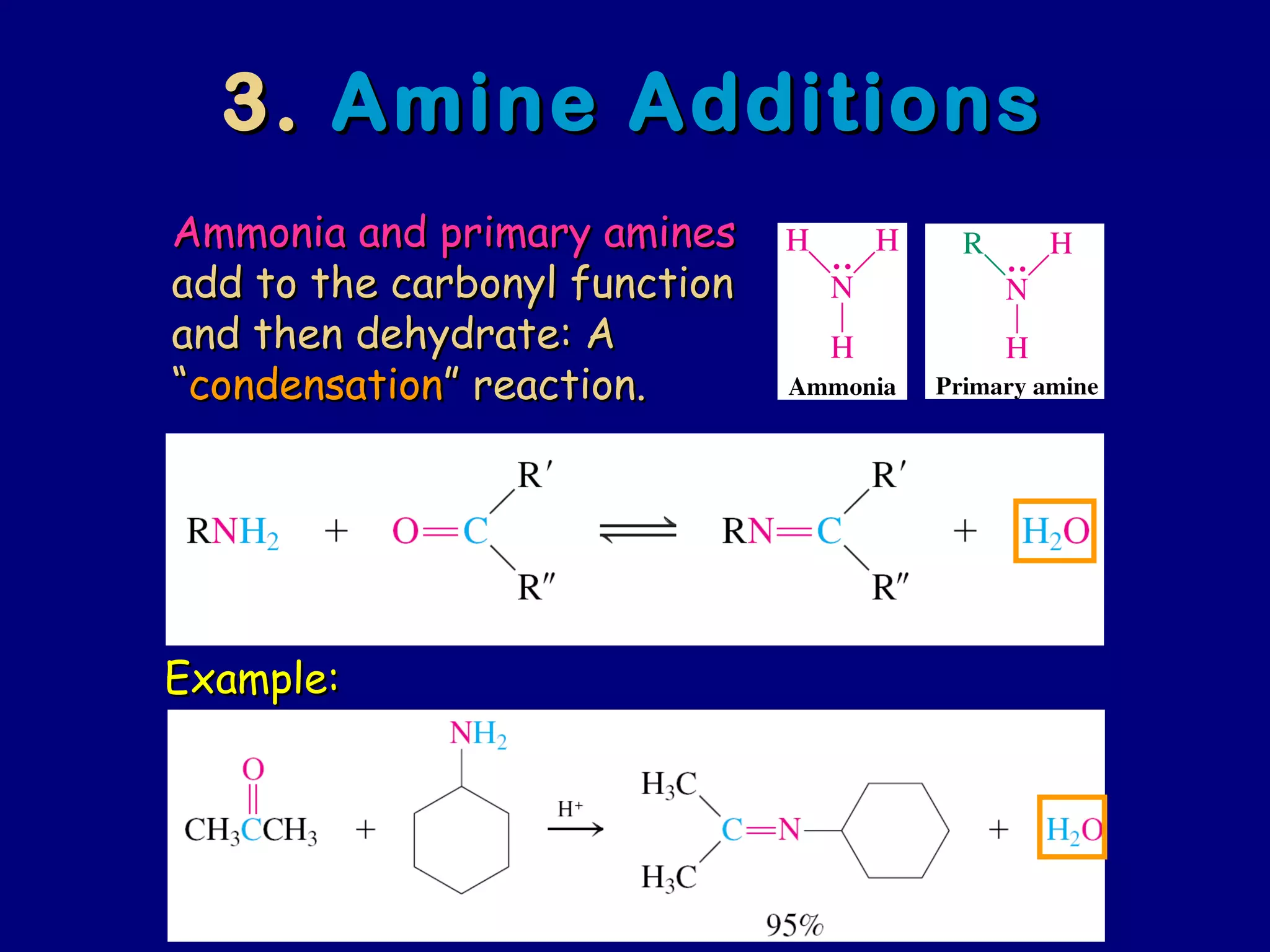 3.3. Amine AdditionsAmine Additions
Example:Example:
Ammonia and primary aminesAmmonia and primary amines
add to the carbonyl functionadd to the carbonyl function
and then dehydrate: Aand then dehydrate: A
““condensationcondensation” reaction.” reaction.
 