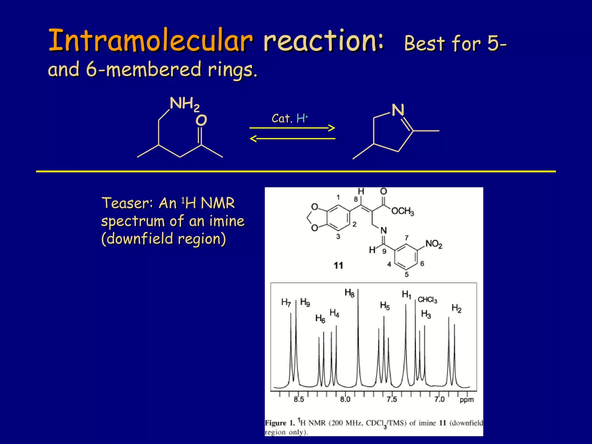 IntramolecularIntramolecular reaction:reaction: Best for 5-Best for 5-
and 6-membered rings.and 6-membered rings.
O
NH2 NCat.Cat. HH++
Teaser: AnTeaser: An 11
H NMRH NMR
spectrum of an iminespectrum of an imine
(downfield region)(downfield region)
 
