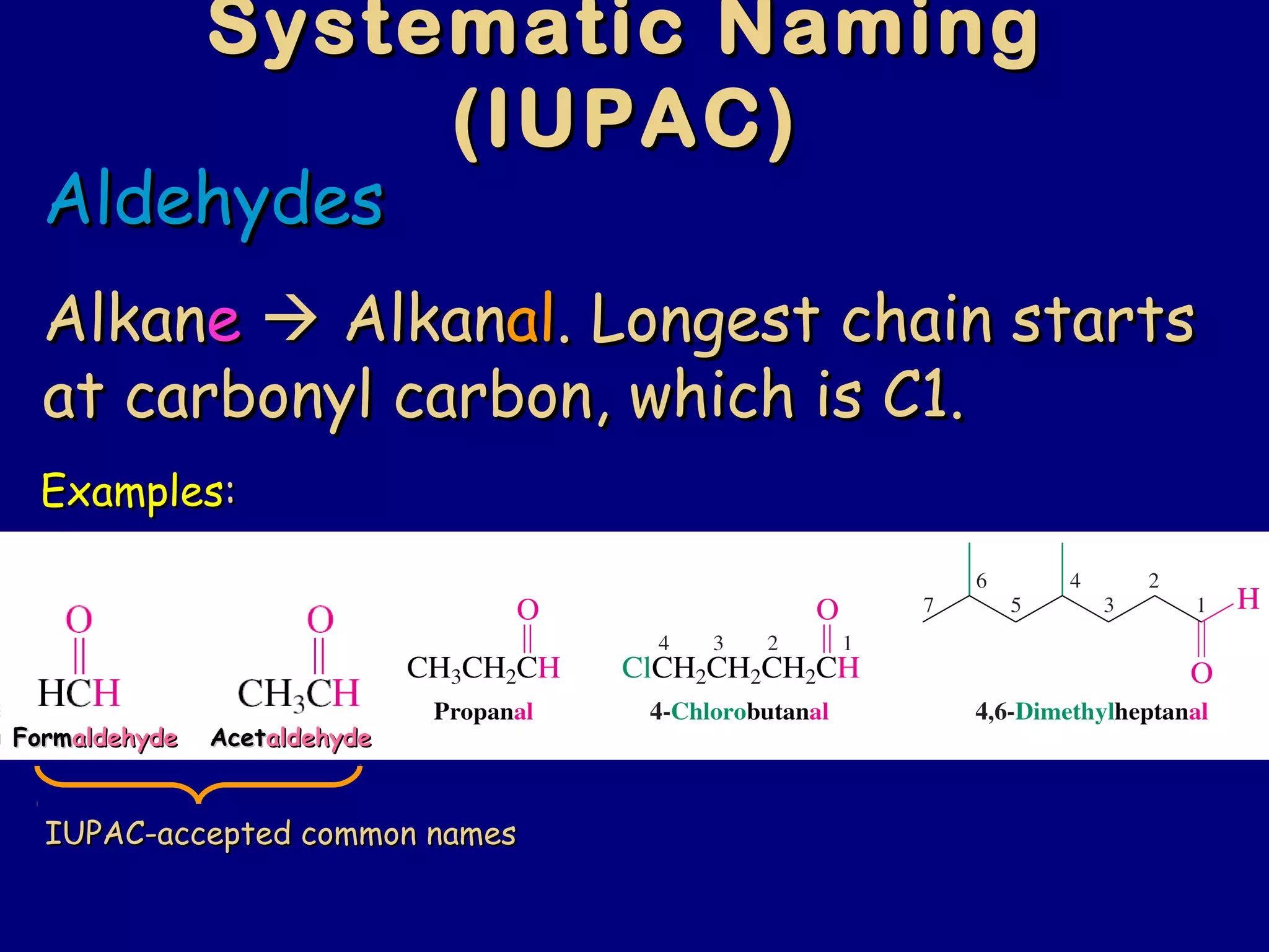 Systematic NamingSystematic Naming
(IUPAC)(IUPAC)
AldehydesAldehydes
AlkanAlkanee  AlkanAlkanalal. Longest chain starts. Longest chain starts
at carbonyl carbon, which is C1.at carbonyl carbon, which is C1.
ExamplesExamples::
FormFormaldehydealdehyde AcetAcetaldehydealdehyde
IUPAC-accepted common namesIUPAC-accepted common names
 