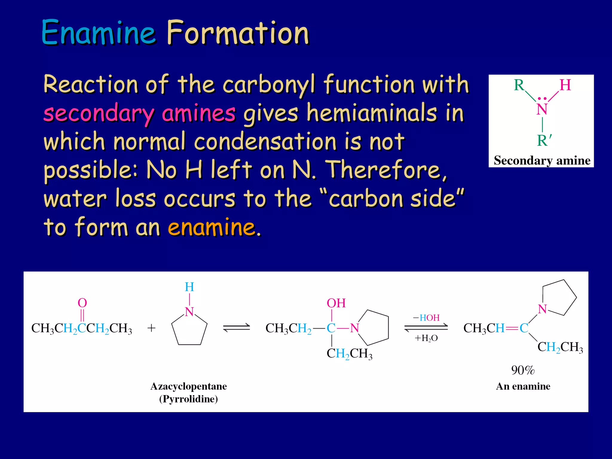 Reaction of the carbonyl function withReaction of the carbonyl function with
secondary aminessecondary amines gives hemiaminals ingives hemiaminals in
which normal condensation is notwhich normal condensation is not
possible: No H left on N. Therefore,possible: No H left on N. Therefore,
water loss occurs to the “carbon side”water loss occurs to the “carbon side”
to form anto form an enamineenamine..
EnamineEnamine FormationFormation
 