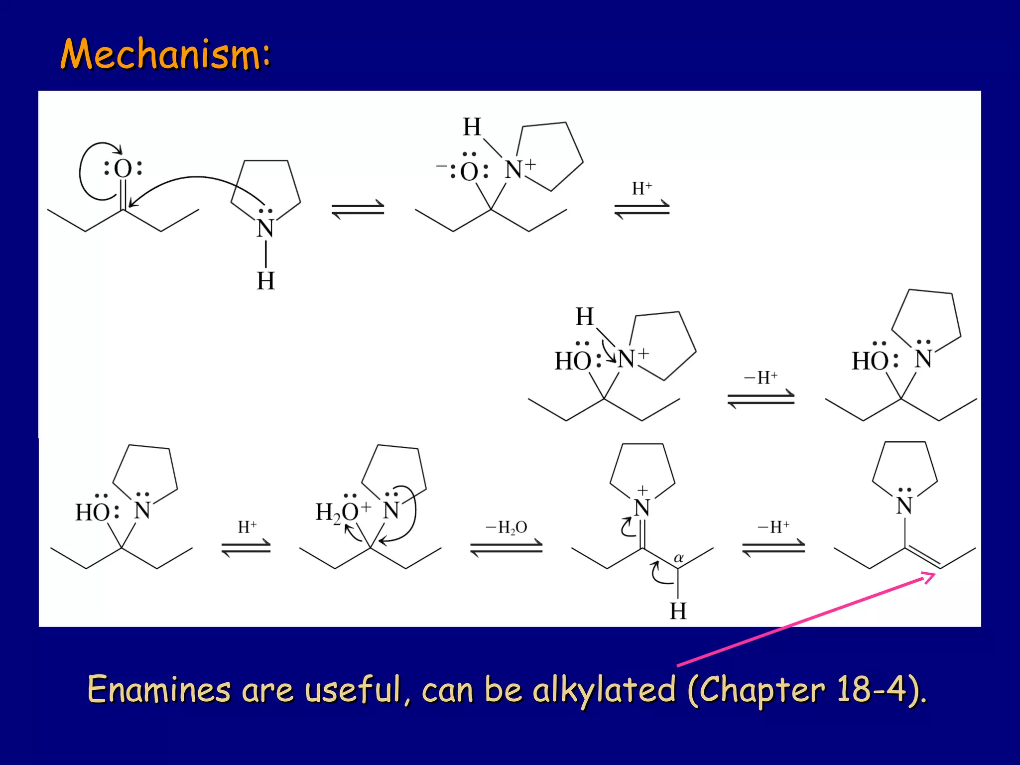 Mechanism:Mechanism:
Enamines are useful, can be alkylated (Chapter 18-4).Enamines are useful, can be alkylated (Chapter 18-4).
 