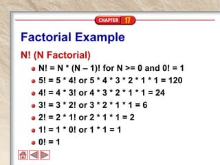 17
Factorial Example
N! (N Factorial)
N! = N * (N – 1)! for N >= 0 and 0! = 1
5! = 5 * 4! or 5 * 4 * 3 * 2 * 1 * 1 = 120
4! = 4 * 3! or 4 * 3 * 2 * 1 * 1 = 24
3! = 3 * 2! or 3 * 2 * 1 * 1 = 6
2! = 2 * 1! or 2 * 1 * 1 = 2
1! = 1 * 0! or 1 * 1 = 1
0! = 1
 