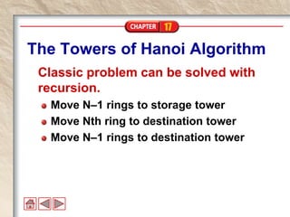 17
The Towers of Hanoi Algorithm
Classic problem can be solved with
recursion.
Move N–1 rings to storage tower
Move Nth ring to destination tower
Move N–1 rings to destination tower
 