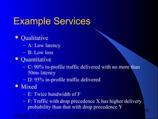 Chapter 17 Integrated and Differentiated Services
39
Example ServicesExample Services
 Qualitative
– A: Low latency
– B: Low loss
 Quantitative
– C: 90% in-profile traffic delivered with no more than
50ms latency
– D: 95% in-profile traffic delivered
 Mixed
– E: Twice bandwidth of F
– F: Traffic with drop precedence X has higher delivery
probability than that with drop precedence Y
 