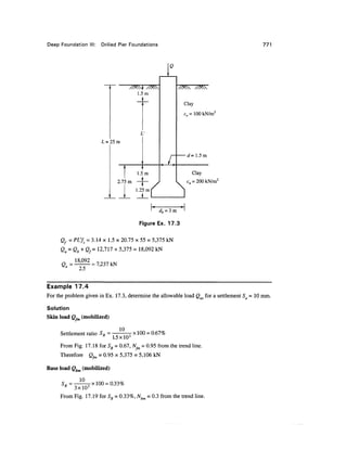 Deep Foundation III: Drilled Pier Foundations 771
1.25 m
G
=
/&$^
1.5
Z
25m
1
1 ,
l.i
2.75 m —
m
m
t-
^ ^
Clay
cu = 100 kN
d= 1.5m
Clay
w c.. = 200 kl
= 3 m
Figure Ex. 17.3
Qf = PL'fs = 3.14 x 1.5 x 20.75 x 55 = 5,375 kN
Qu = Qb + Qf= 12,717 + 5,375 = 18,092 kN
= kN
2.5
Example 17.4
For the problem given in Ex. 17.3, determine the allowable load Qas for a settlement Sa = 10 mm.
Solution
Skin load Q, (mobilized)
Settlement ratio SR = — x 100 = 0.67%
1.5 xlO3
From Fig. 17.18 for Sp = 0.67, N, = 0.95 from the trend line.
° A jtn
Therefore Q^ = 0.95 x 5,375 = 5,106 kN
Base load Qbm (mobilized)
SR= 10
, x 100 =0.33%
R
3xl03
From Fig. 17.19 for SR = 0.33%, Nbm = 0.3 from the trend line.
 