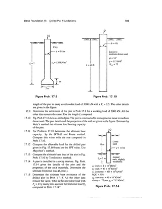 Deep Foundation III: Drilled Pier Foundations 789
Q
Q
Clay
c = 150 kN/m2
, = 40 ft
2m
Figure Prob. 17.8
Loose to
medium dense sand
0 =34°
y=1151b/ft3
Figure Prob. 17.10
length of the pier to carry an allowable load of 3000 kN with a Fg - 2.5. The other details
are given in the figure.
17.9 Determine the settlement of the pier in Prob 17.8 for a working load of 3000 kN. All the
other data remain the same. Use the length L computed.
17.10 Fig. Prob 17.10 shows a drilled pier.The pier is constructed in homogeneous loose to medium
dense sand. The pier details and the properties of the soil are given in the figure. Estimate by
Vesic's method the ultimate load bearing capacity
of the pier.
17.11 For Problem 17.10 determine the ultimate base
capacity by the O'Neill and Reese method.
Compare this value with the one computed in
Prob. 17.10.
17.12 Compute the allowable load for the drilled pier
given in Fig. 17.10 based on the SPT value. Use
Meyerhof's method.
17.13 Compute the ultimate base load of the pier in Fig.
Prob. 17.10 by Tomlinson's method.
17.14 A pier is installed in a rocky stratum. Fig. Prob.
17.14 gives the details of the pier and the
properties of the rock materials. Determine the
d=1.5m
Jointed
rock, slightly
weathered
ultimate frictional load <2,(max).
17.15 Determine the ultimate base resistance of the
drilled pier in Prob. 17.14. All the other data
remain the same. What is the allowable load with
Fs =4 by taking into account the frictional load Q,
computed in Prob. 17.14?
qu (rock) = 2 x 103
kN/m2
£, (rock) = 40 x 104
kN/m2
Ec (concrete) = 435 x 106
kN/m2
RQD = 50%
qu (concrete) = 40 x 104
kN/m2
slump = 175 mm, yc =23.5 kN/m3
Figure Prob. 17.14
 
