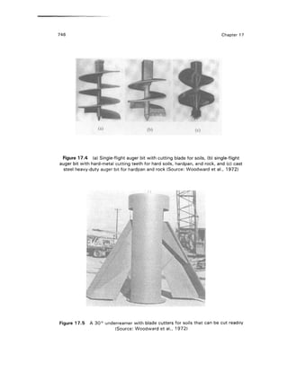 746 Chapter 17
Figure 17.4 (a) Single-flight auger bit with cutting blade for soils, (b) single-flight
auger bit with hard-metal cutting teeth for hard soils, hardpan, and rock, and (c) cast
steel heavy-duty auger bit for hardpan and rock (Source: Woodward et al., 1972)
Figure 17.5 A 30° underreamer with blade cutters for soils that can be cut readily
(Source: Woodward et al., 1972)
 