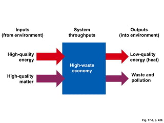 Low-quality
energy (heat)
High-quality
matter
High-quality
energy
Inputs
(from environment)
System
throughputs
High-waste
economy
Outputs
(into environment)
Waste and
pollution
Fig. 17-3, p. 426
 