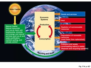 Solar Capital
Economic
Systems
Production
Consumption
Natural Capital
Natural resources
such as air, land, soil,
biodiversity, minerals,
and energy, and natural
services such as air and
water purification,
nutrient cycling, and
climate control
Pollution and waste
(overloading nature’s waste
disposal and recycling systems)
Degradation of renewable
resources
(used faster than replenished)
Depletion of nonrenewable
resources
Heat
Goods and services
Fig. 17-4, p. 427
 