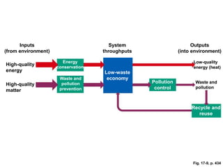 High-quality
energy
Waste and
pollution
prevention
Low-quality
energy (heat)
Outputs
(into environment)
System
throughputs
Waste and
pollution
Pollution
control
Low-waste
economy
Inputs
(from environment)
Energy
conservation
High-quality
matter
Recycle and
reuse
Fig. 17-9, p. 434
 
