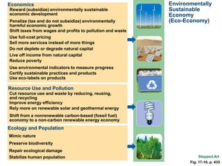 Environmentally
Sustainable
Economy
(Eco-Economy)
Economics
Reward (subsidize) environmentally sustainable
economic development
Penalize (tax and do not subsidize) environmentally
harmful economic growth
Shift taxes from wages and profits to pollution and waste
Use full-cost pricing
Sell more services instead of more things
Do not deplete or degrade natural capital
Live off income from natural capital
Reduce poverty
Use environmental indicators to measure progress
Certify sustainable practices and products
Use eco-labels on products
Stepped Art
Resource Use and Pollution
Cut resource use and waste by reducing, reusing,
and recycling
Improve energy efficiency
Rely more on renewable solar and geothermal energy
Shift from a nonrenewable carbon-based (fossil fuel)
economy to a non-carbon renewable energy economy
Ecology and Population
Mimic nature
Preserve biodiversity
Repair ecological damage
Stabilize human population
Fig. 17-10, p. 435
 