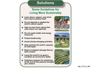 Fig. 17-17, p. 447
Protect biodiversity
Avoid climate-changing activities
Help maintain the earth's capacity
for self-repair
Repair ecological damage that we
have caused
Leave the world in as good a
condition as we found or better
Cultivate a passion for sustaining
all life and let this passion energize
your actions
Learn about, respect, and mimic
how nature sustains itself
Do not degrade or deplete the
earth's natural capital
Take no more from nature than
what nature can replenish
Some Guidelines for
Living More Sustainably
Solutions
Do not waste matter and energy
resources
 