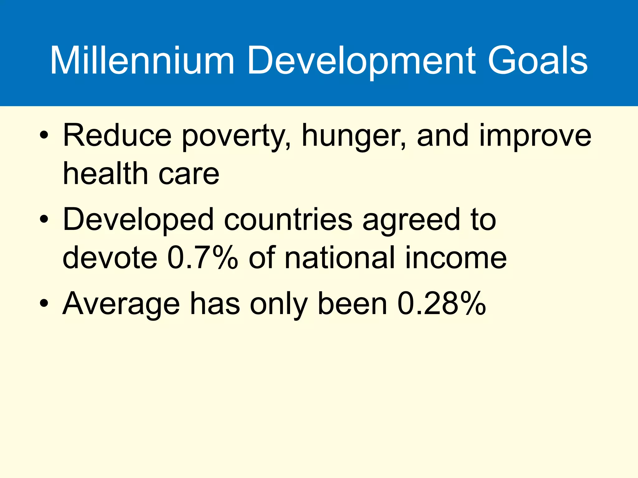 Millennium Development Goals
• Reduce poverty, hunger, and improve
health care
• Developed countries agreed to
devote 0.7% of national income
• Average has only been 0.28%
 