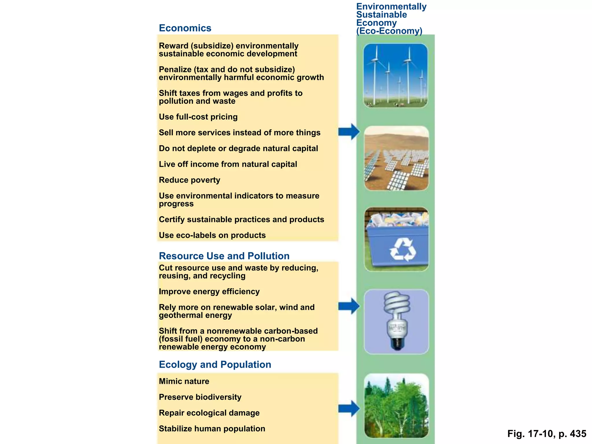 Fig. 17-10, p. 435
Reward (subsidize) environmentally
sustainable economic development
Penalize (tax and do not subsidize)
environmentally harmful economic growth
Shift taxes from wages and profits to
pollution and waste
Use full-cost pricing
Sell more services instead of more things
Do not deplete or degrade natural capital
Live off income from natural capital
Reduce poverty
Use environmental indicators to measure
progress
Certify sustainable practices and products
Use eco-labels on products
Cut resource use and waste by reducing,
reusing, and recycling
Improve energy efficiency
Rely more on renewable solar, wind and
geothermal energy
Shift from a nonrenewable carbon-based
(fossil fuel) economy to a non-carbon
renewable energy economy
Mimic nature
Preserve biodiversity
Repair ecological damage
Stabilize human population
Economics
Resource Use and Pollution
Ecology and Population
Environmentally
Sustainable
Economy
(Eco-Economy)
 