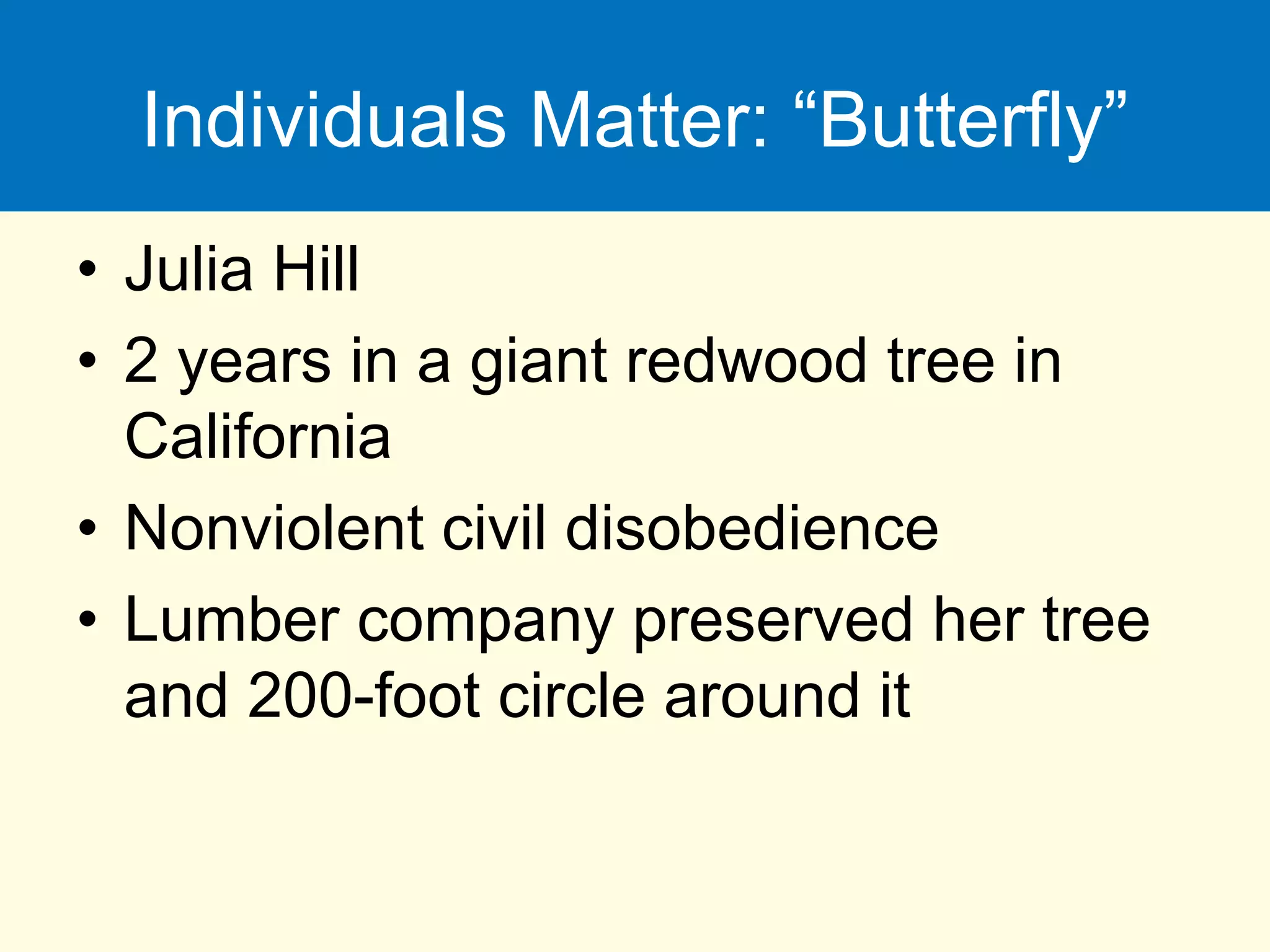 Individuals Matter: “Butterfly”
• Julia Hill
• 2 years in a giant redwood tree in
California
• Nonviolent civil disobedience
• Lumber company preserved her tree
and 200-foot circle around it
 