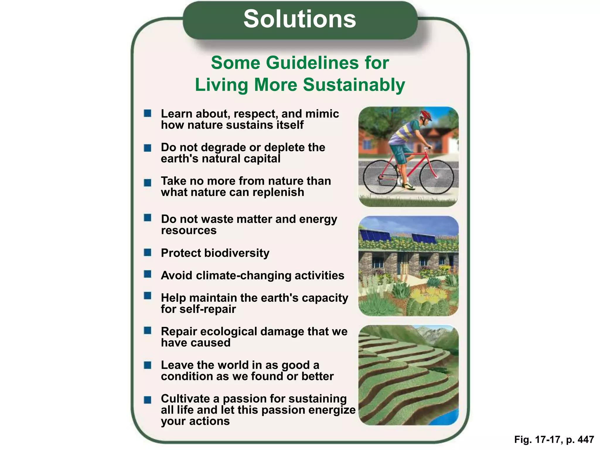 Fig. 17-17, p. 447
Protect biodiversity
Avoid climate-changing activities
Help maintain the earth's capacity
for self-repair
Repair ecological damage that we
have caused
Leave the world in as good a
condition as we found or better
Cultivate a passion for sustaining
all life and let this passion energize
your actions
Learn about, respect, and mimic
how nature sustains itself
Do not degrade or deplete the
earth's natural capital
Take no more from nature than
what nature can replenish
Some Guidelines for
Living More Sustainably
Solutions
Do not waste matter and energy
resources
 