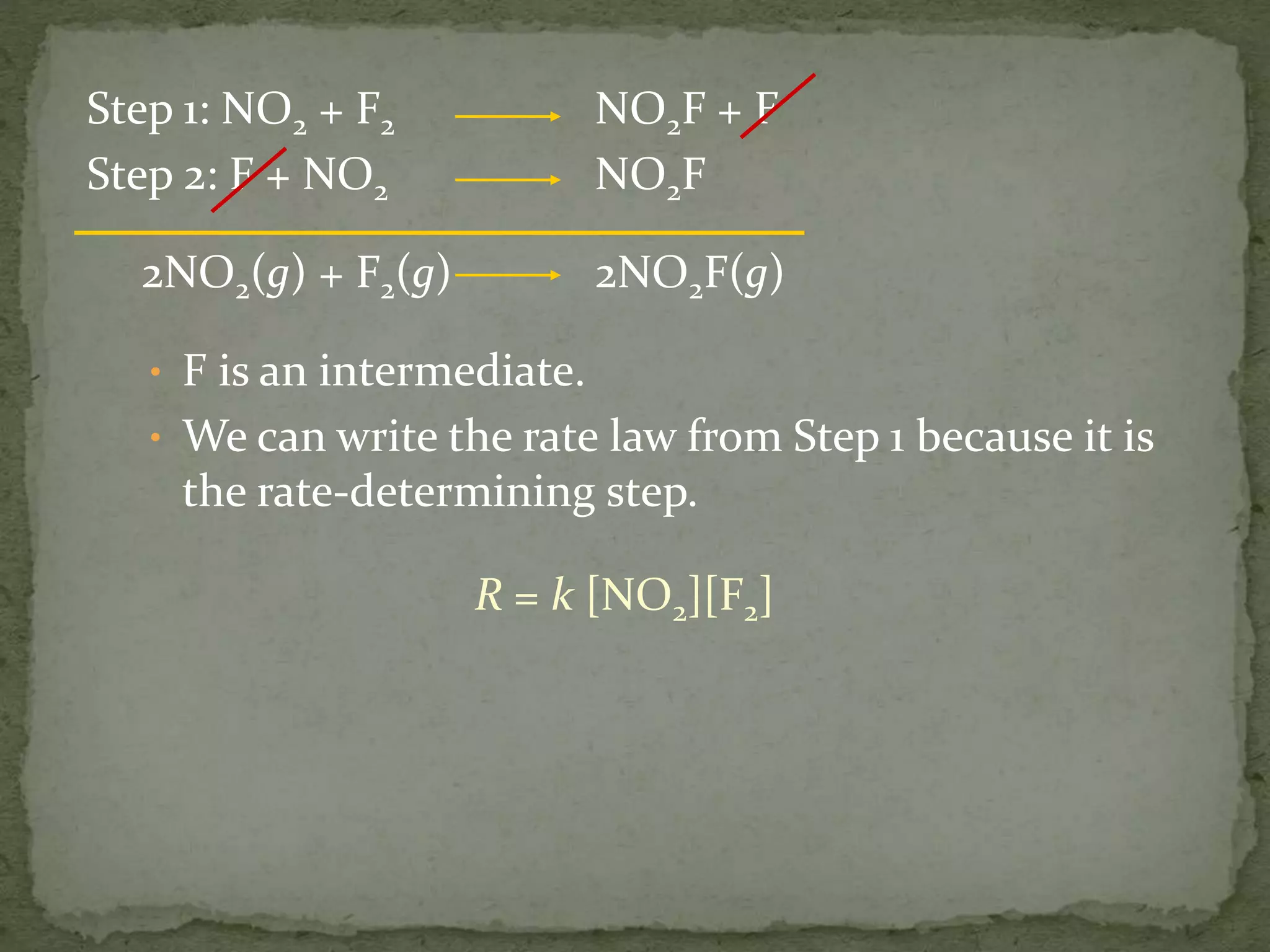 Step 1: NO2 + F2 NO2F + F
Step 2: F + NO2 NO2F
2NO2(g) + F2(g) 2NO2F(g)
• F is an intermediate.
• We can write the rate law from Step 1 because it is
the rate-determining step.
R = k [NO2][F2]
 