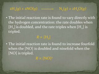2H2(g) + 2NO(g) N2(g) + 2H2O(g)
• The initial reaction rate is found to vary directly with
the hydrogen concentration: the rate doubles when
[H2] is doubled, and the rate triples when [H2] is
tripled.
R  [H2]
• The initial reaction rate is found to increase fourfold
when the [NO] is doubled and ninefold when the
[NO] is tripled.
R  [NO]2
 