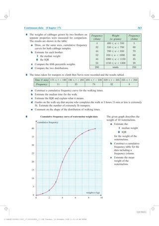 Continuous data (Chapter 17) 363
5 The times taken for trampers to climb Ben Nevis were recorded and the results tabled.
Time (t min) 175 6 t < 190 190 6 t < 205 205 6 t < 220 220 6 t < 235 235 6 t < 250
Frequency 11 35 74 32 8
a Construct a cumulative frequency curve for the walking times.
b Estimate the median time for the walk.
c Estimate the IQR and explain what it means.
d Guides on the walk say that anyone who completes the walk in 3 hours 15 min or less is extremely
fit. Estimate the number of extremely fit trampers.
e Comment on the shape of the distribution of walking times.
6
0
5
10
15
20
25
30
35
40
0 2 4 6 8 10
cumulative frequency
weight ( kg)w
Cumulative frequency curve of watermelon weight data
Frequency
(Alan)
Weight
(w grams)
Frequency
(John)
4 400 6 w < 550 5
32 550 6 w < 700 60
44 700 6 w < 850 70
52 850 6 w < 1000 60
44 1000 6 w < 1150 35
24 1150 6 w < 1300 20
200 totals 250
4 The weights of cabbages grown by two brothers on
separate properties were measured for comparison.
a Draw, on the same axes, cumulative frequency
curves for both cabbage samples.
b Estimate for each brother:
i the median weight
ii the IQR
c Compare the 60th percentile weights.
d Compare the two distributions.
The given graph describes the
weight of watermelons.
Estimate the:
median weight
IQR
for the weight of the
watermelons.
Construct a cumulative
frequency table for the
data including a
frequency column.
Estimate the mean
weight of the
watermelons.
40
a
i
ii
b
c
The results are shown in the table:
IGCSE01
magentacyan yellow black
0
0
5
5
25
25
75
75
50
50
95
95
100
100
0
0
5
5
25
25
75
75
50
50
95
95
100
100
Y:HAESEIGCSE01IG01_17363IGCSE01_17.CDR Tuesday, 18 November 2008 11:51:18 AM PETER
 