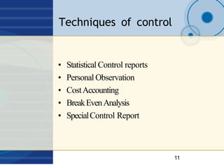 Techniques of control
11
• Statistical Control reports
• Personal Observation
• CostAccounting
• BreakEvenAnalysis
• Speci...