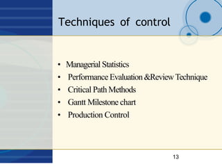 Techniques of control
13
• ManagerialStatistics
• PerformanceEvaluation&ReviewTechnique
• Critical Path Methods
• Gantt Mi...