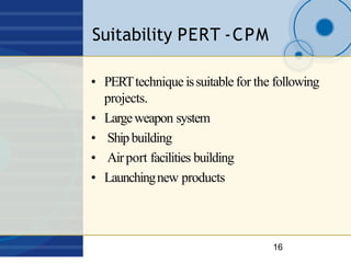Suitability PERT ‐CPM
16
• PERTtechnique issuitable for the following
projects.
• Largeweapon system
• Shipbuilding
• Airp...
